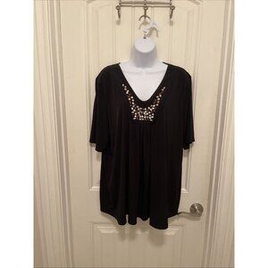 Susan Graver black liquid knit V-neck‎ top Women’s Sz XL Metallic/colored stone